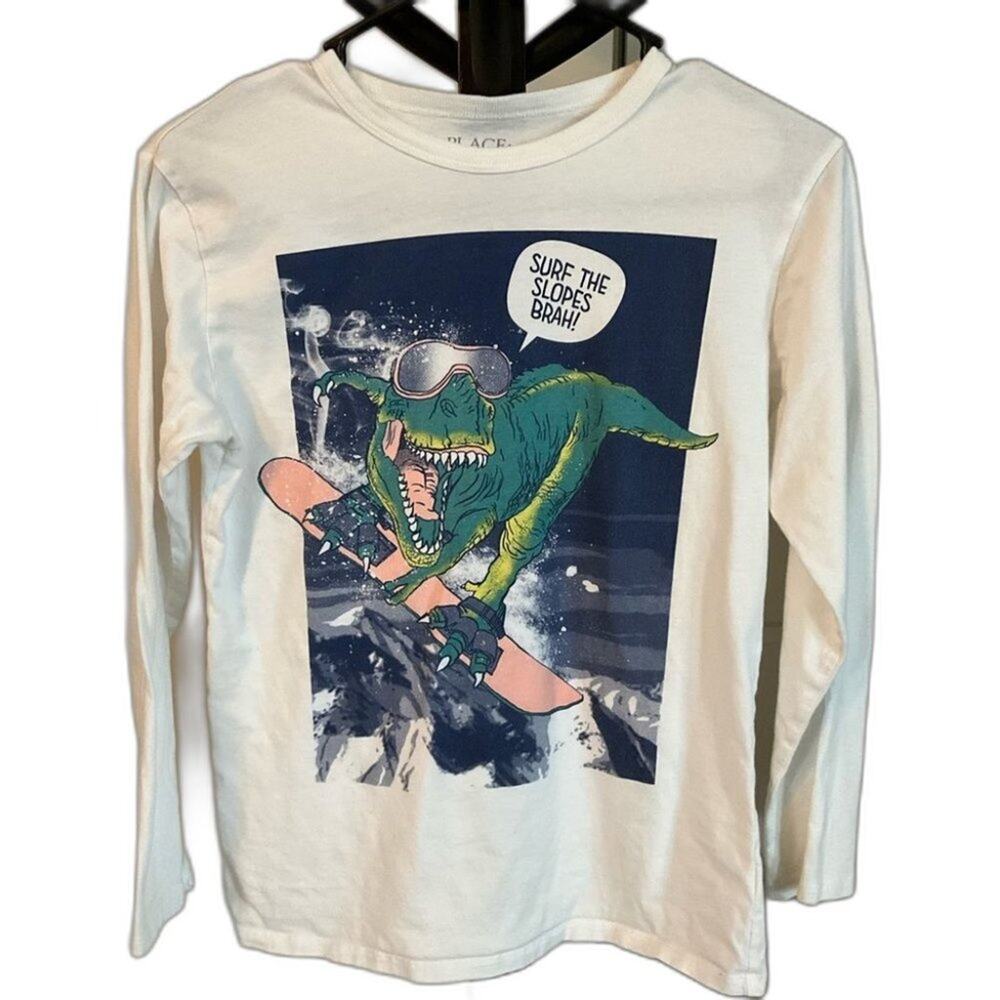 Boys Children’s place long sleeve shirt size L 10/12 White Blue Dinosaur
